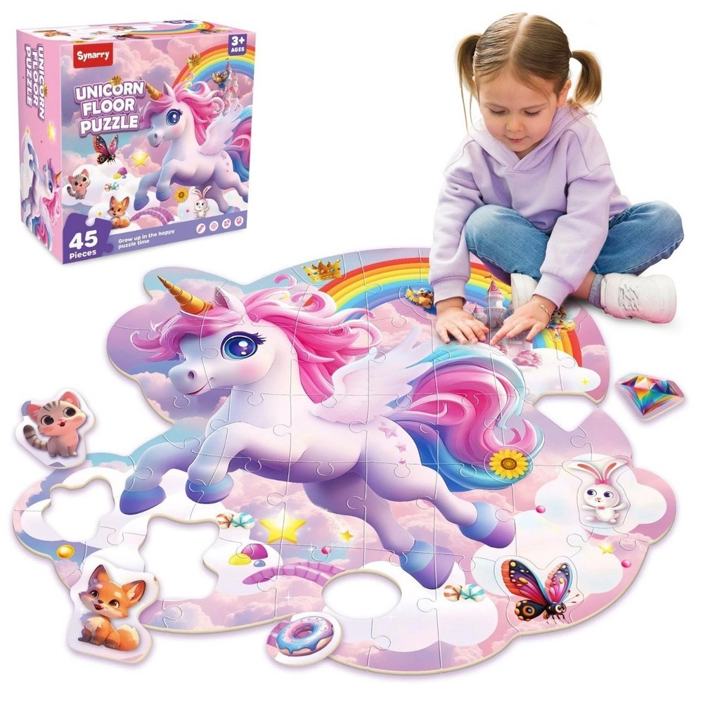 Synarry Unicorn Floor Puzzle for Kids 45 Pieces Pink Double-Sided Jigsaw Toy